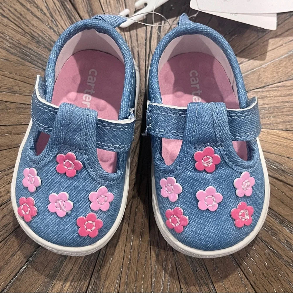 NWT Carter’s Baby Every Step First Walker Floral Denim Sneakers Spring Sz 2 3-6M